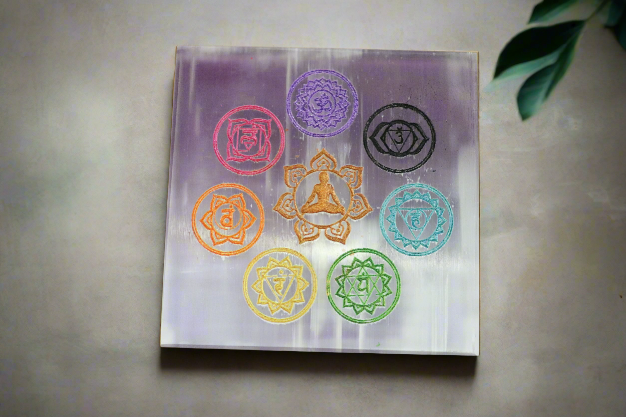 Selenite Charging Plate with 7 Chakra and Buddha Meditating Carving