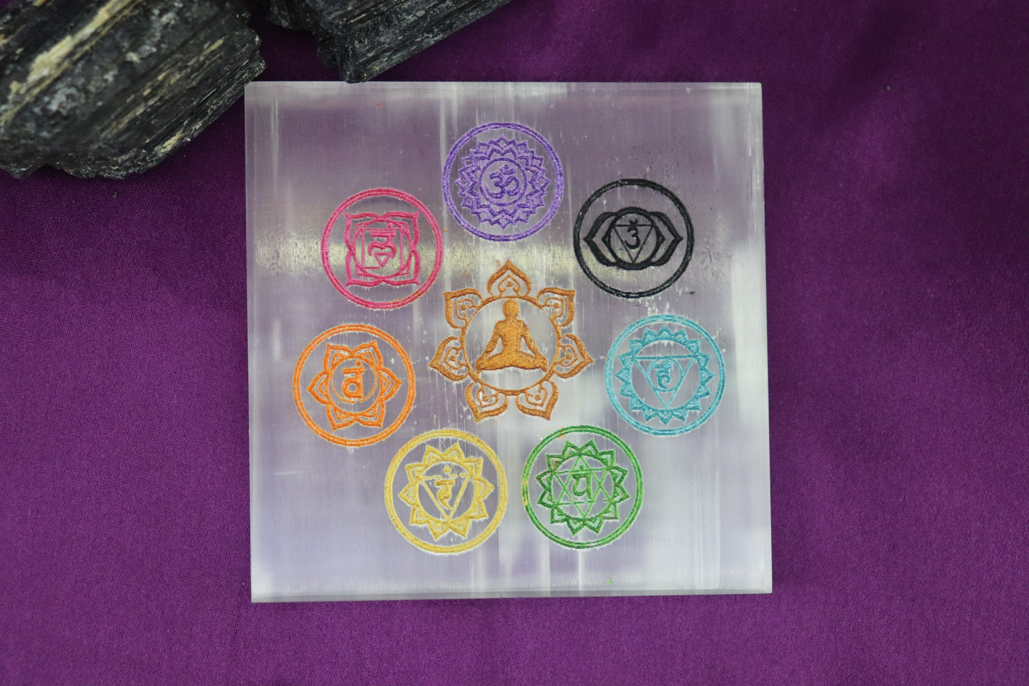 Selenite Charging Plate with 7 Chakra and Buddha Meditating Carving