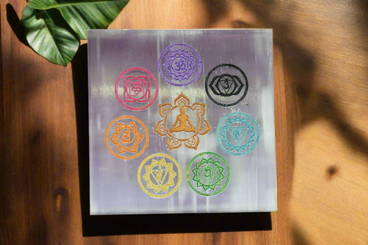 Selenite Charging Plate with 7 Chakra and Buddha Meditating Carving