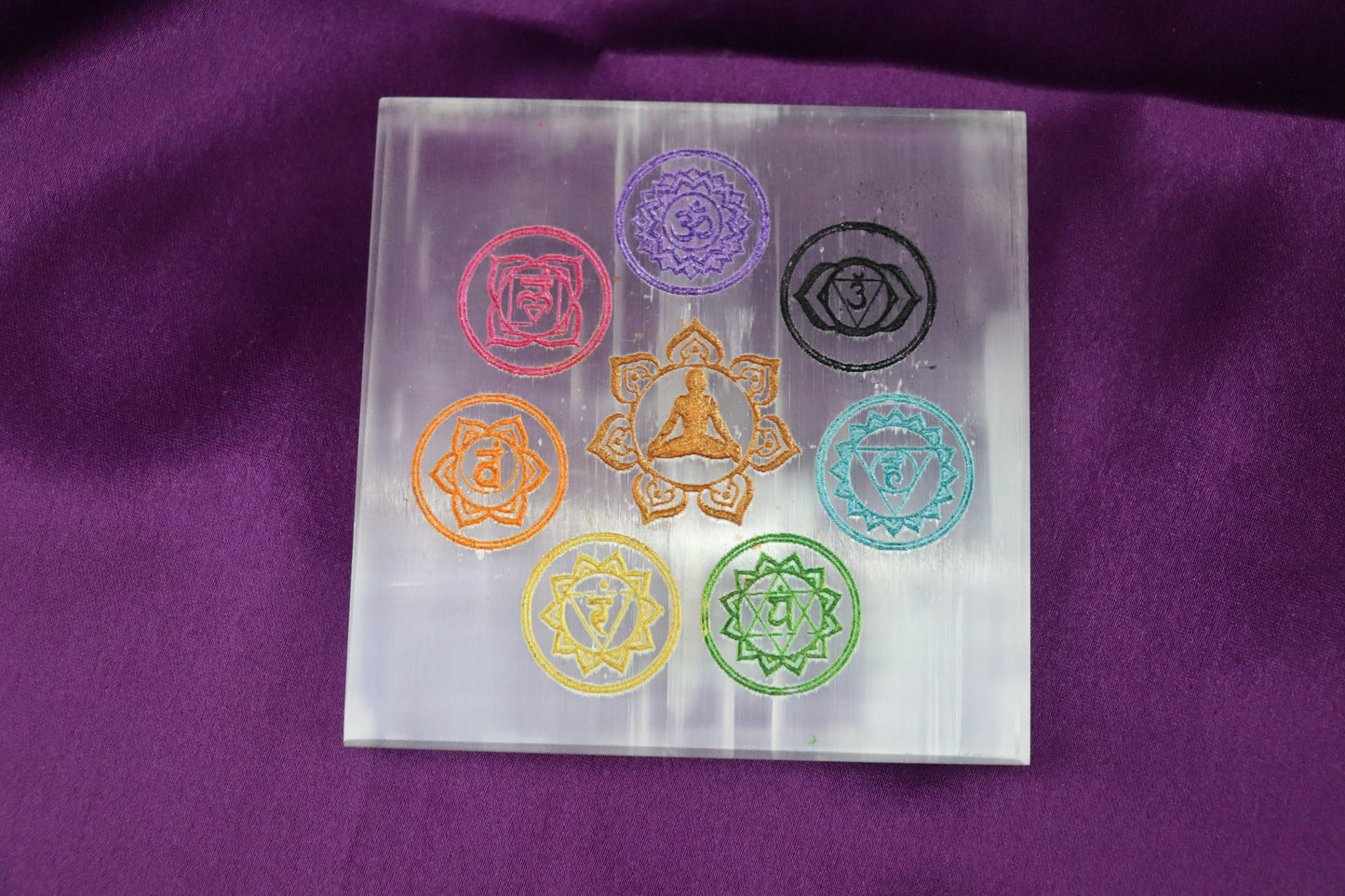 Selenite Charging Plate with 7 Chakra and Buddha Meditating Carving